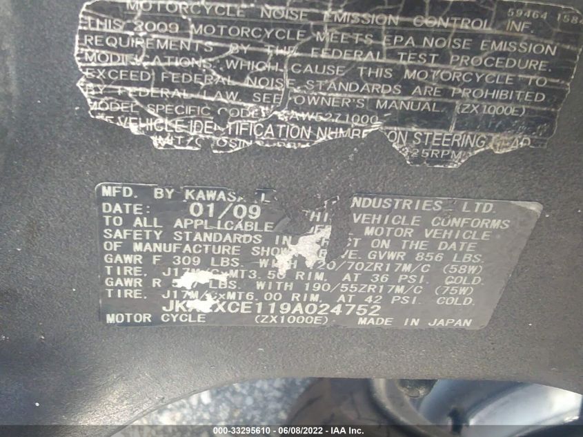 2009 KAWASAKI ZX1000 E JKAZXCE119A024752