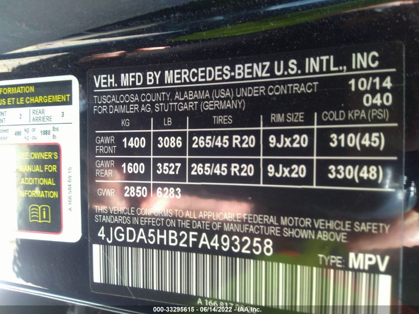 2015 MERCEDES-BENZ M-CLASS ML 350 4JGDA5HB2FA493258