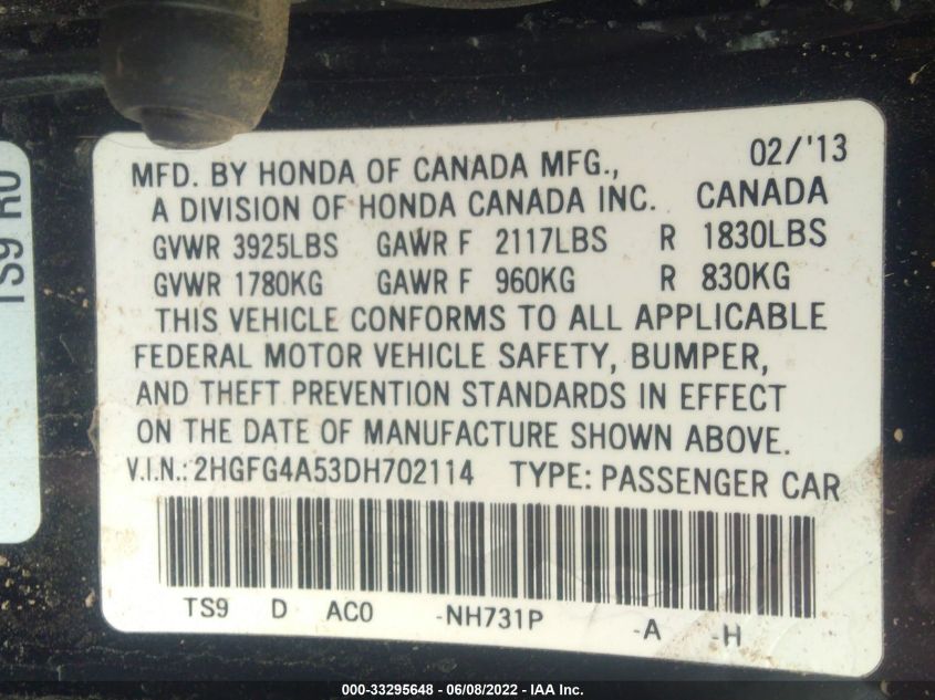 2013 HONDA CIVIC CPE SI 2HGFG4A53DH702114