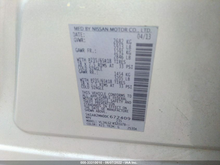 2013 NISSAN PATHFINDER SL 5N1AR2MN0DC672409
