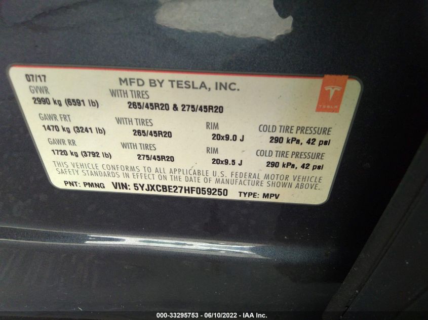 2017 TESLA MODEL X 90D/75D/100D 5YJXCBE27HF059250