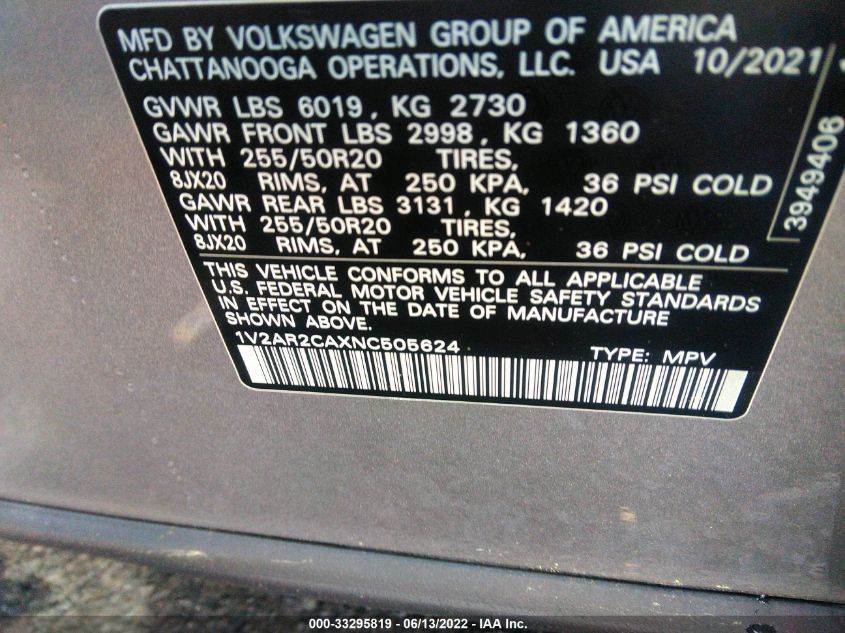 2022 VOLKSWAGEN ATLAS 3.6L V6 SEL R-LINE 1V2AR2CAXNC505624