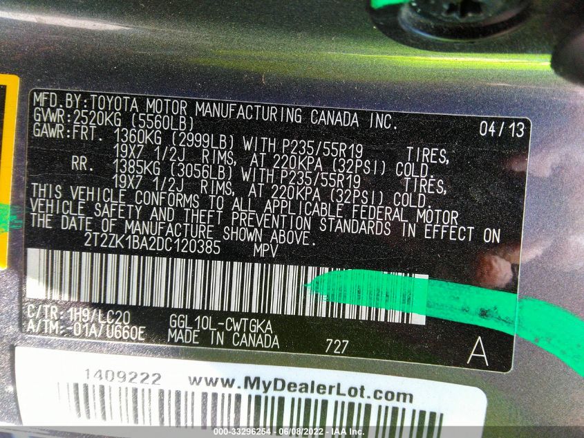 2013 LEXUS RX 350 350 2T2ZK1BA2DC120385