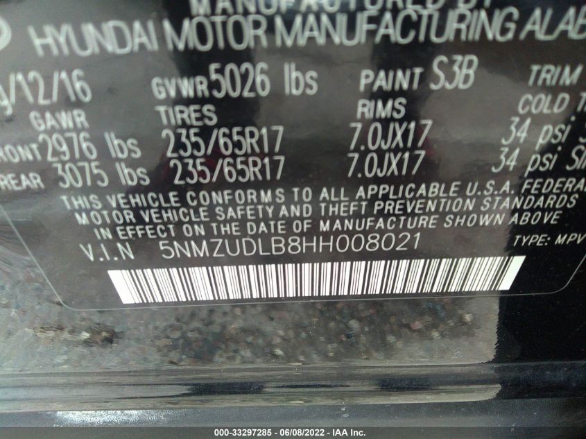 2017 HYUNDAI SANTA FE SPORT 2.4L 5NMZUDLB8HH008021