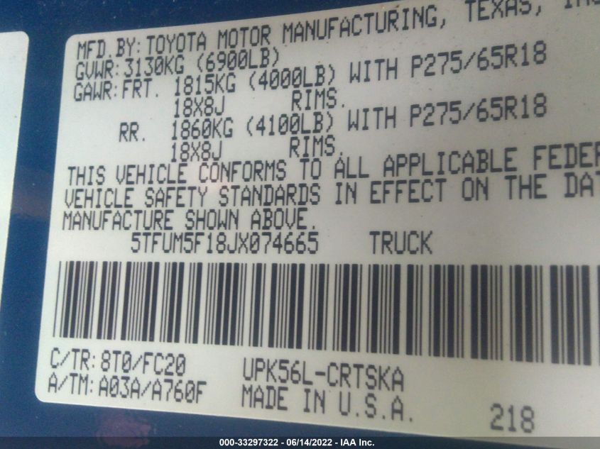 2018 TOYOTA TUNDRA 4WD DOUBLE CAB SR/SR5 5TFUM5F18JX074665