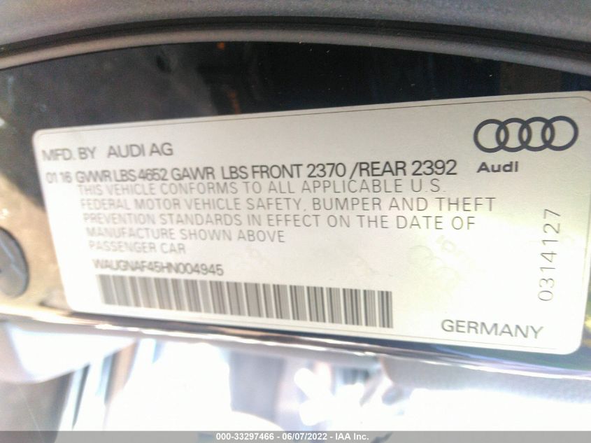 2017 AUDI A4 PREMIUM WAUGNAF45HN004945