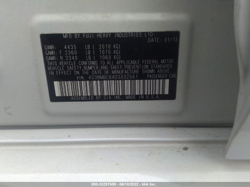 2013 SUBARU LEGACY 2.5I PREMIUM 4S3BMBC64D3032561
