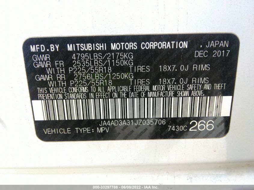 2018 MITSUBISHI OUTLANDER SE/SEL/LE JA4AD3A31JZ035706