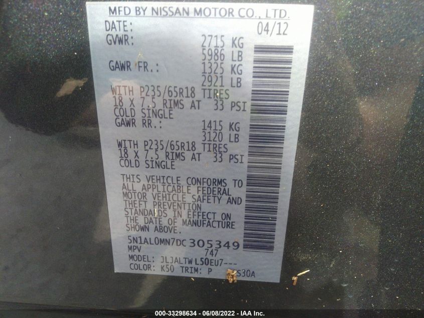 2013 INFINITI JX 5N1AL0MN7DC305349