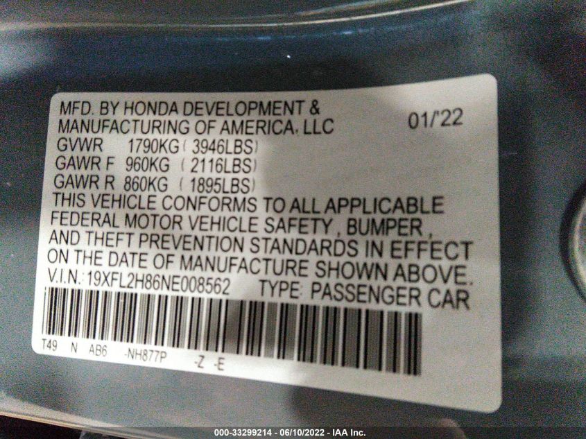 2022 HONDA CIVIC HATCHBACK SPORT 19XFL2H86NE008562