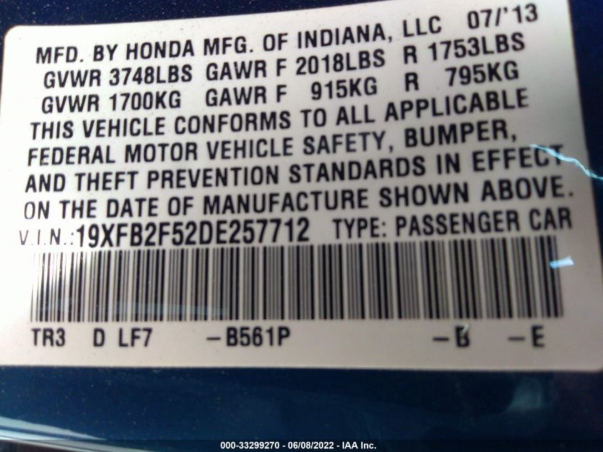 2013 HONDA CIVIC SDN LX 19XFB2F52DE257712