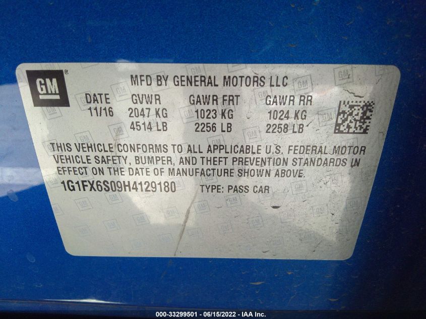 2017 CHEVROLET BOLT EV PREMIER 1G1FX6S09H4129180