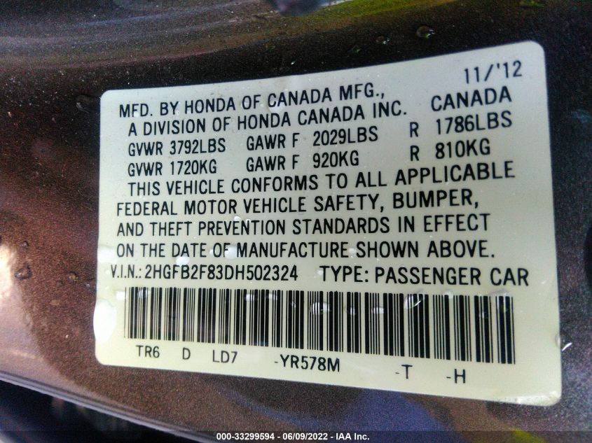 2013 HONDA CIVIC SDN EX 2HGFB2F83DH502324