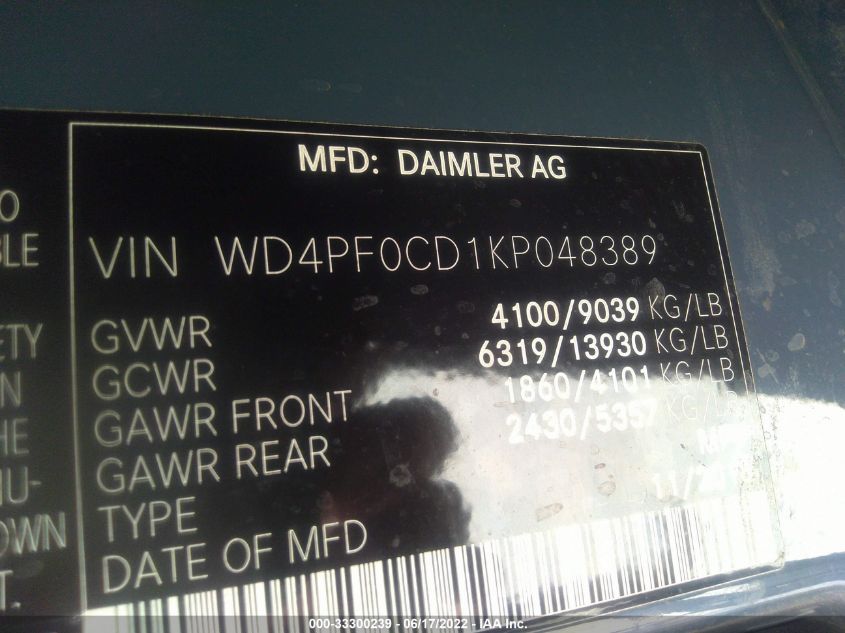 2019 MERCEDES-BENZ SPRINTER VAN WD4PF0CD1KP048389
