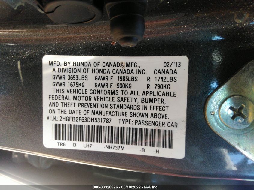 2013 HONDA CIVIC SDN HF 2HGFB2F63DH531787