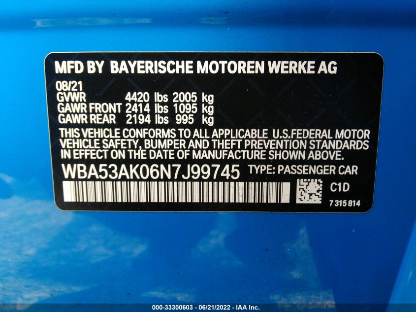 2022 BMW 2 SERIES 228I WBA53AK06N7J99745
