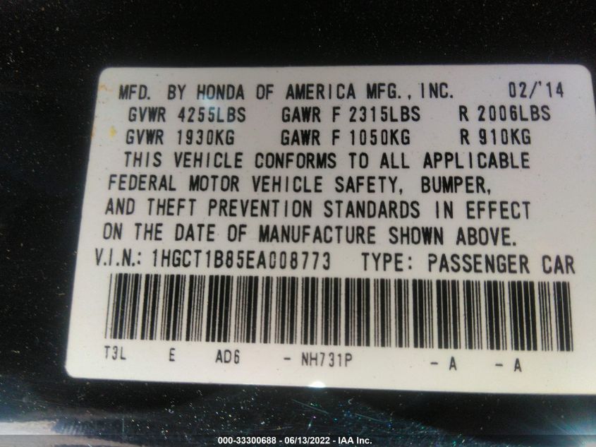 2014 HONDA ACCORD COUPE EXL 1HGCT1B85EA008773