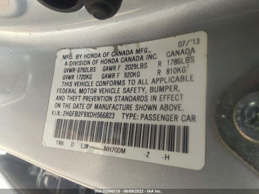 2013 HONDA CIVIC SDN EX-L 2HGFB2F9XDH566823