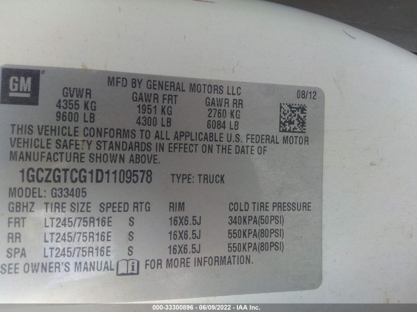 2013 CHEVROLET EXPRESS CARGO VAN 1GCZGTCG1D1109578