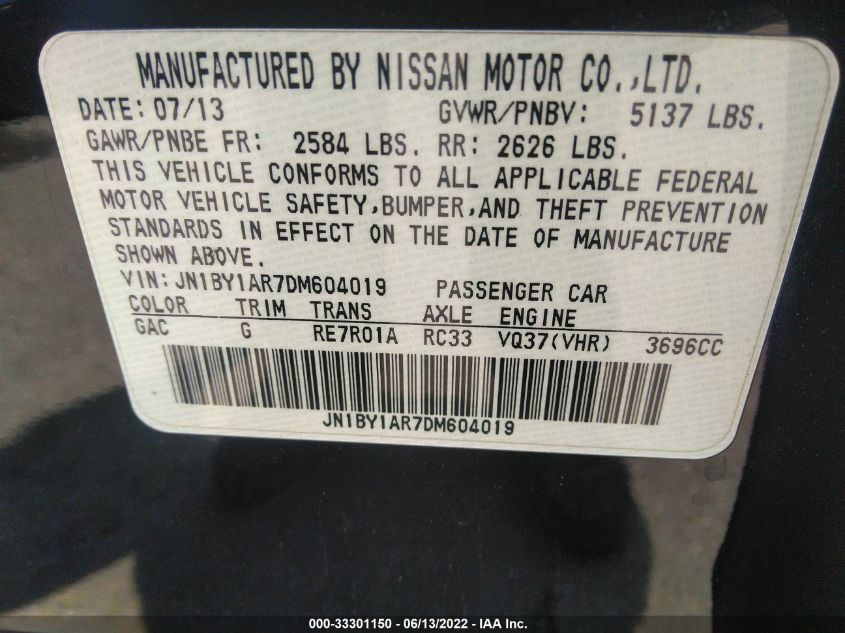2013 INFINITI M37 JN1BY1AR7DM604019
