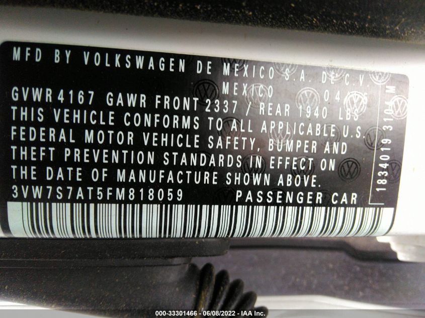 2015 VOLKSWAGEN BEETLE CONVERTIBLE 2.0T R-LINE W/SOUND/NAV 3VW7S7AT5FM818059