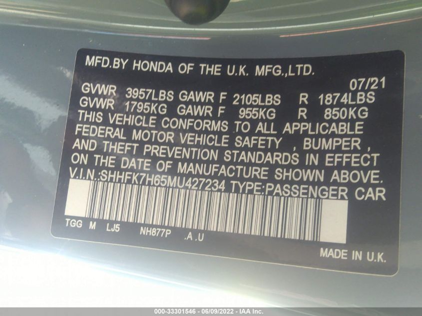 2021 HONDA CIVIC HATCHBACK EX SHHFK7H65MU427234