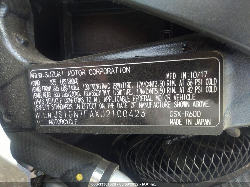 2018 SUZUKI GSX-R600 JS1GN7FAXJ2100423