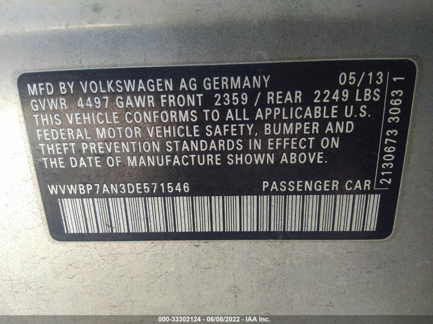 2013 VOLKSWAGEN CC R-LINE WVWBP7AN3DE571546