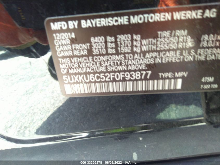 2015 BMW X6 XDRIVE50I 5UXKU6C52F0F93877