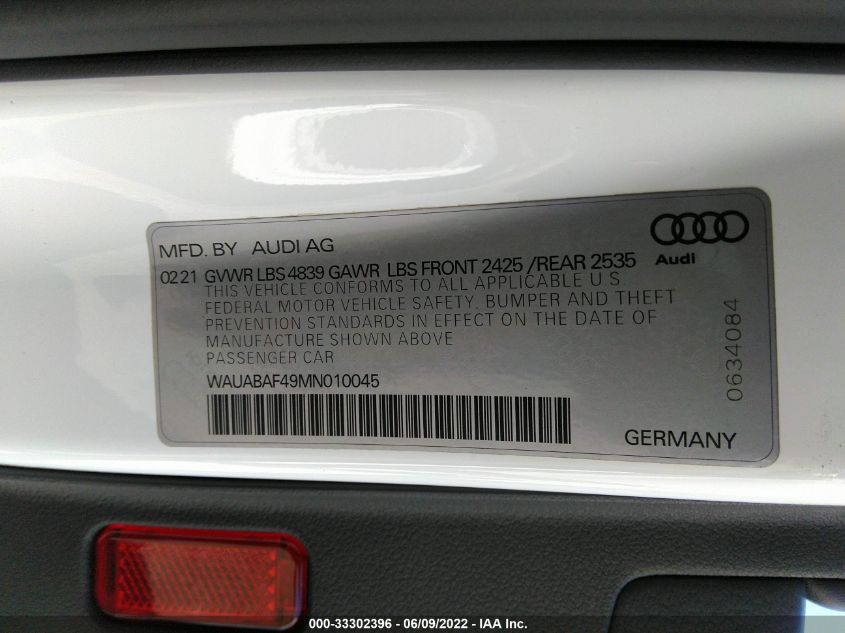 2021 AUDI A4 SEDAN PREMIUM WAUABAF49MN010045