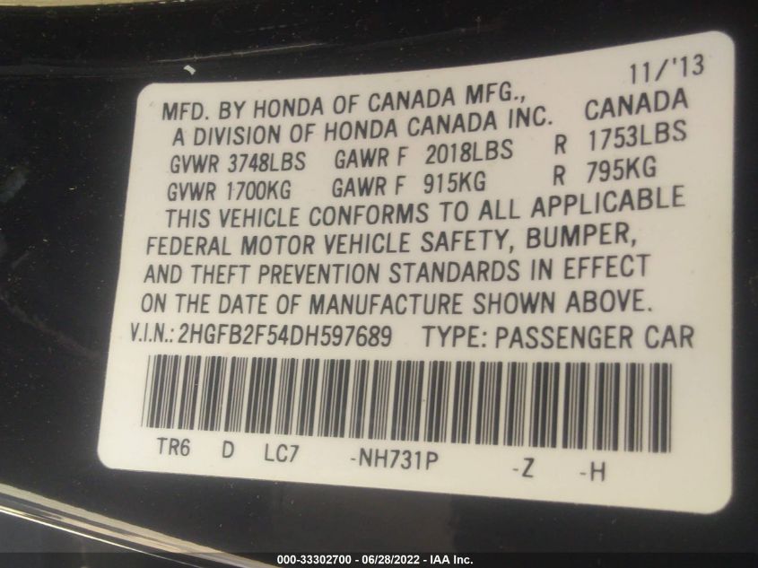 2013 HONDA CIVIC SDN LX 2HGFB2F54DH597689