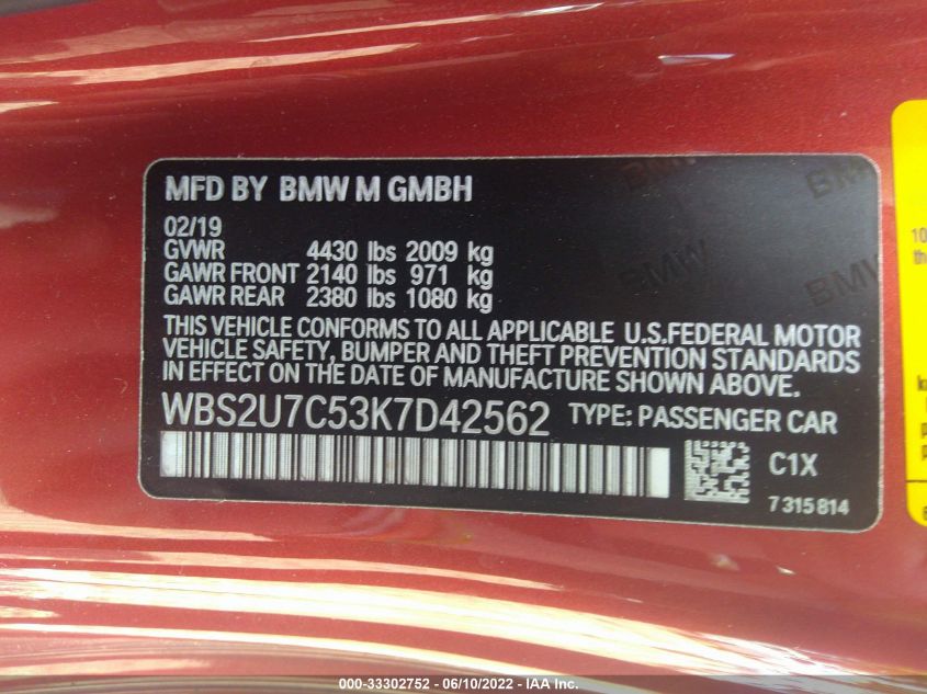 2019 BMW M2 COMPETITION WBS2U7C53K7D42562