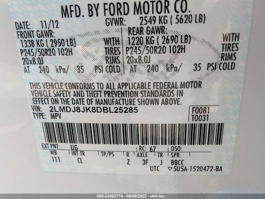 2013 LINCOLN MKX 2LMDJ8JK8DBL25285