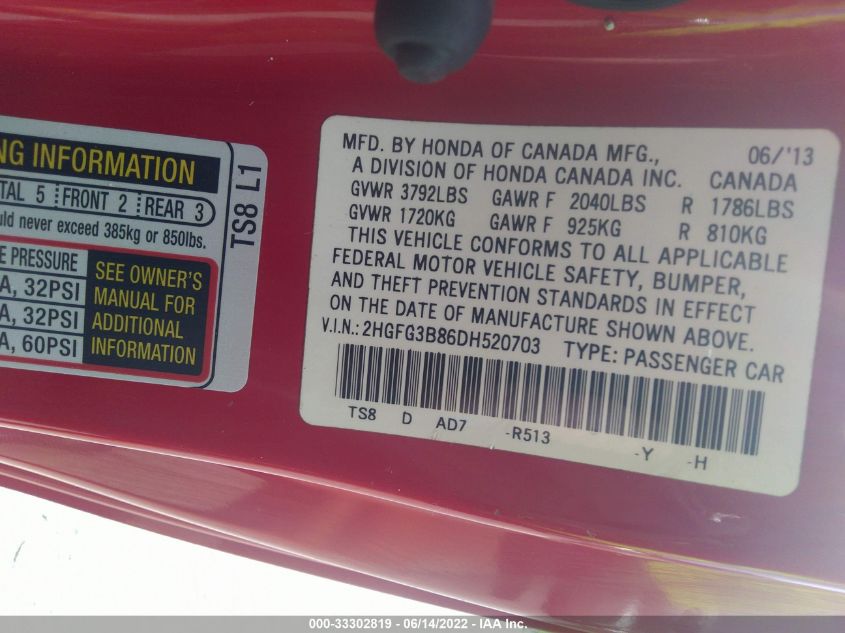 2013 HONDA CIVIC CPE EX 2HGFG3B86DH520703