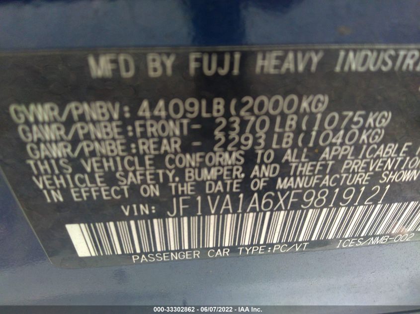 2015 SUBARU WRX JF1VA1A6XF9819121