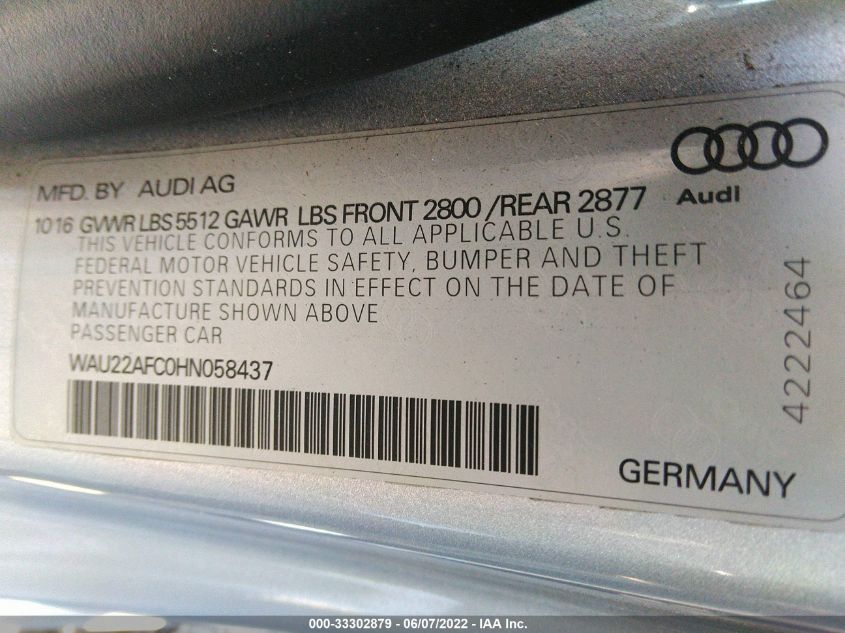 2017 AUDI A7 PRESTIGE WAU22AFC0HN058437