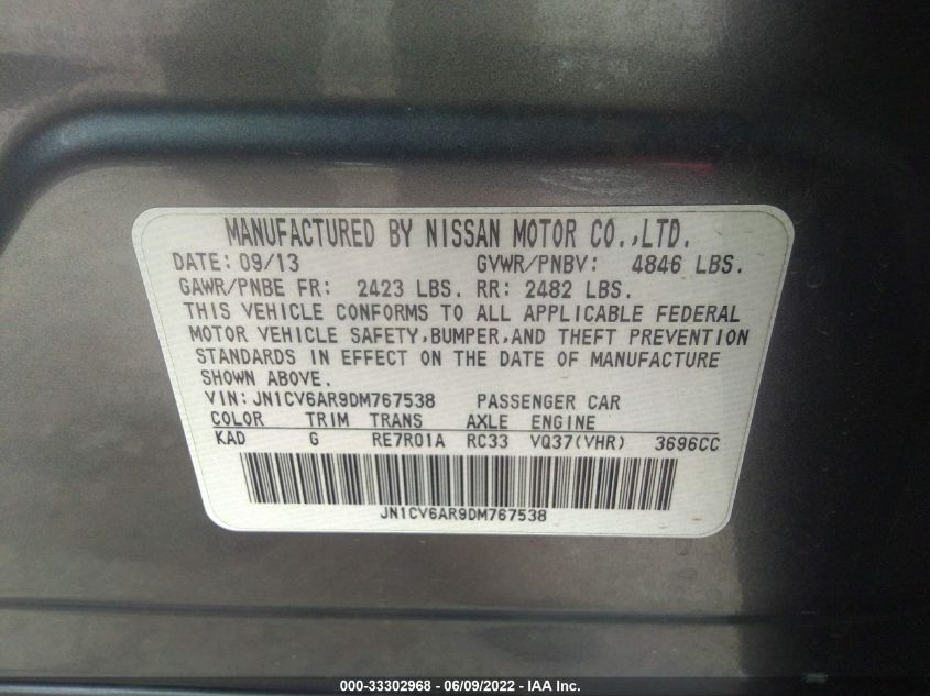 2013 INFINITI G37 SEDAN X JN1CV6AR9DM767538
