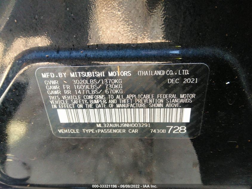 2022 MITSUBISHI MIRAGE ES/LE ML32AUHJ9NH003291