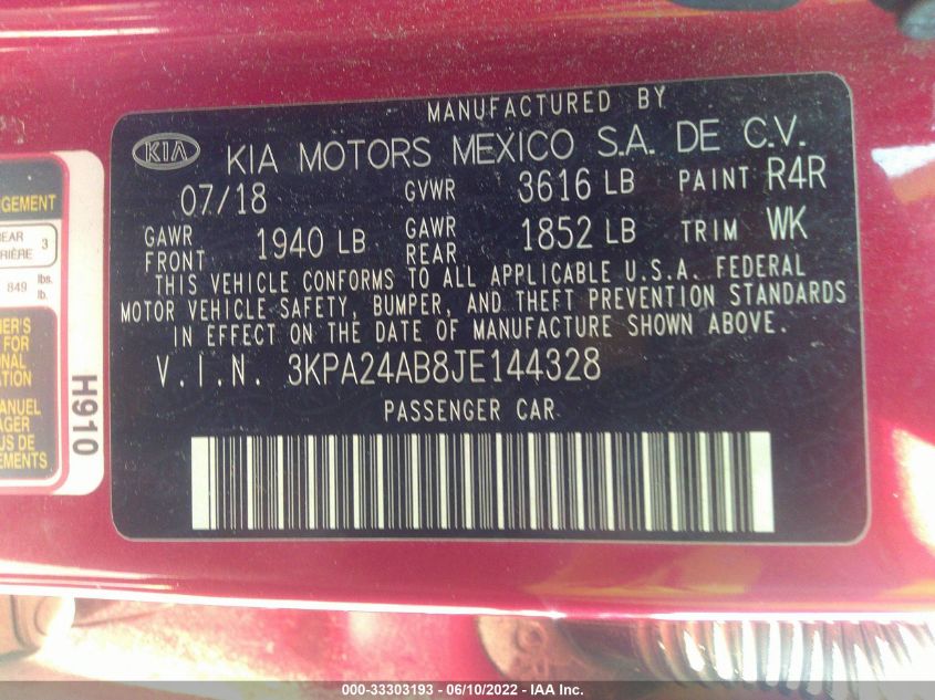2018 KIA RIO S 3KPA24AB8JE144328