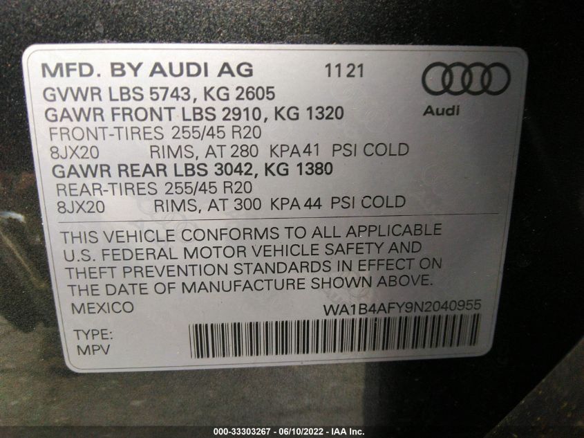 2022 AUDI SQ5 PREMIUM PLUS WA1B4AFY9N2040955