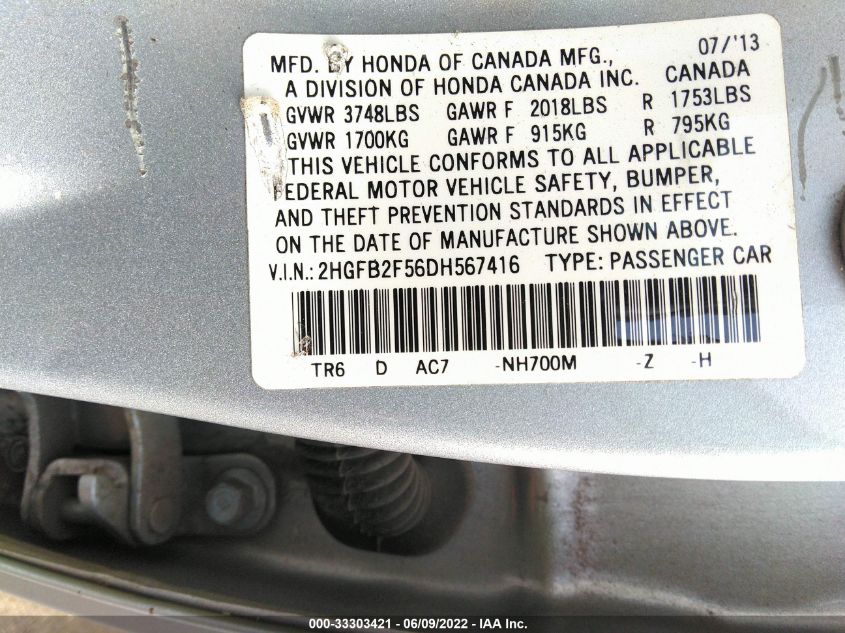 2013 HONDA CIVIC SDN LX 2HGFB2F56DH567416