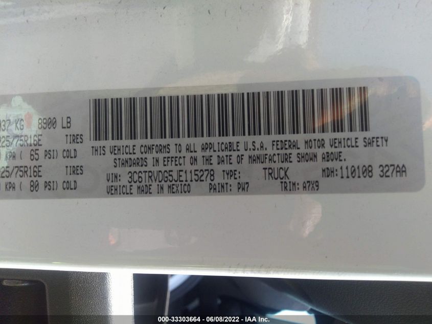 2018 RAM PROMASTER CARGO VAN 3C6TRVDG5JE115278