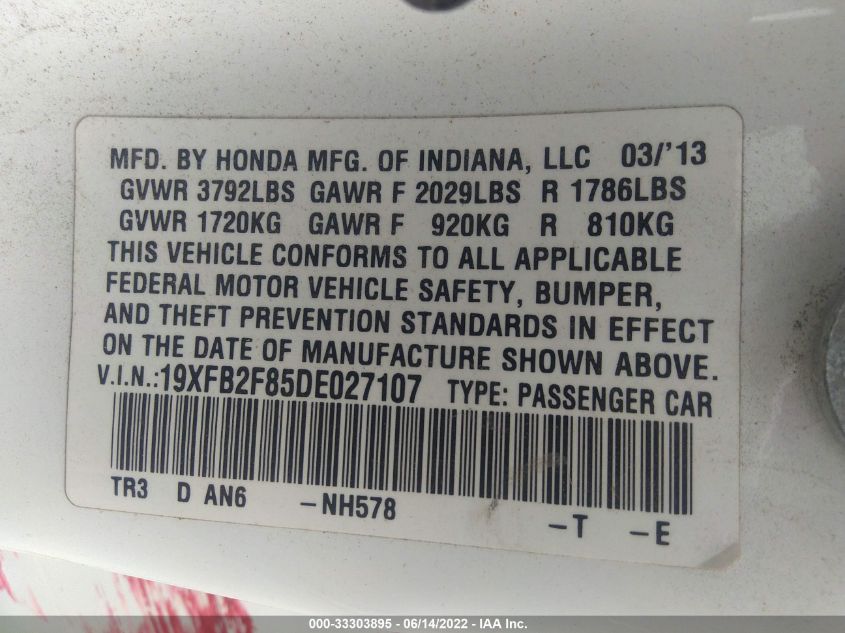 2013 HONDA CIVIC SDN EX 19XFB2F85DE027107