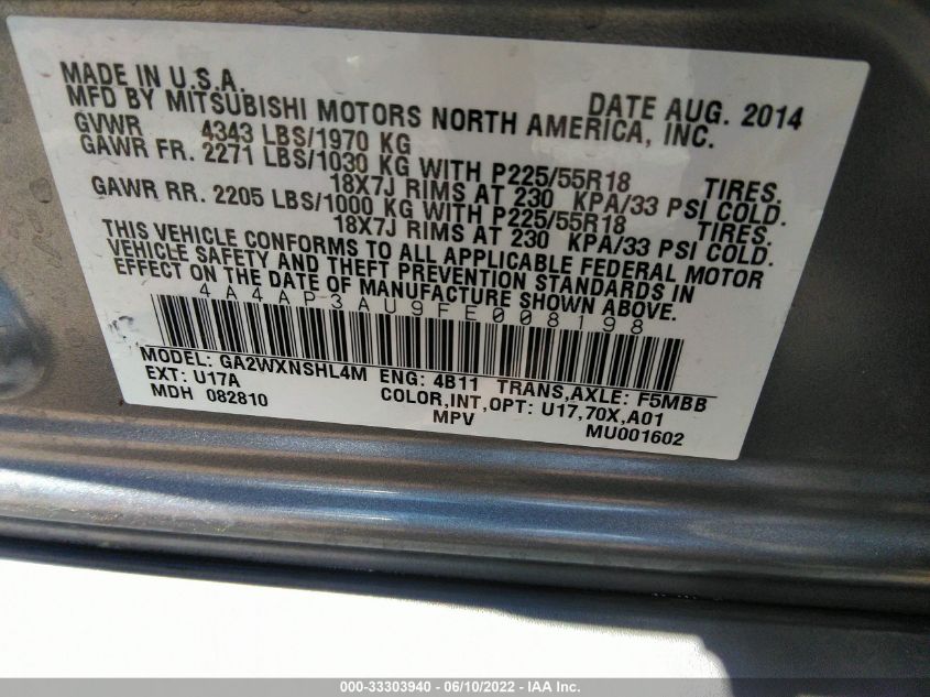 2015 MITSUBISHI OUTLANDER SPORT ES 4A4AP3AU9FE008198