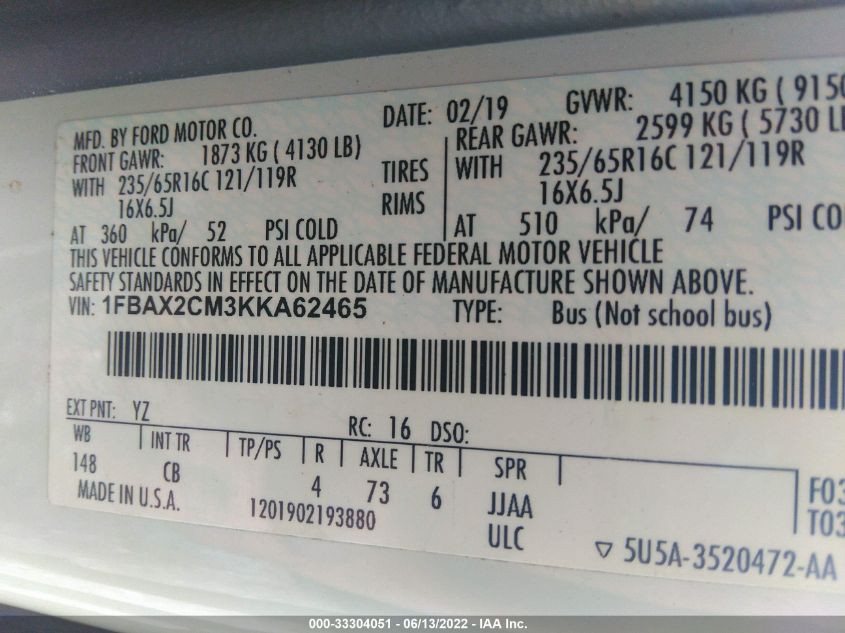 2019 FORD TRANSIT PASSENGER WAGON XL/XLT 1FBAX2CM3KKA62465