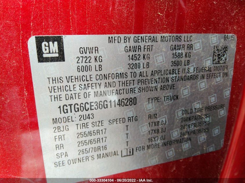 2016 GMC CANYON 4WD SLE 1GTG6CE36G1146280