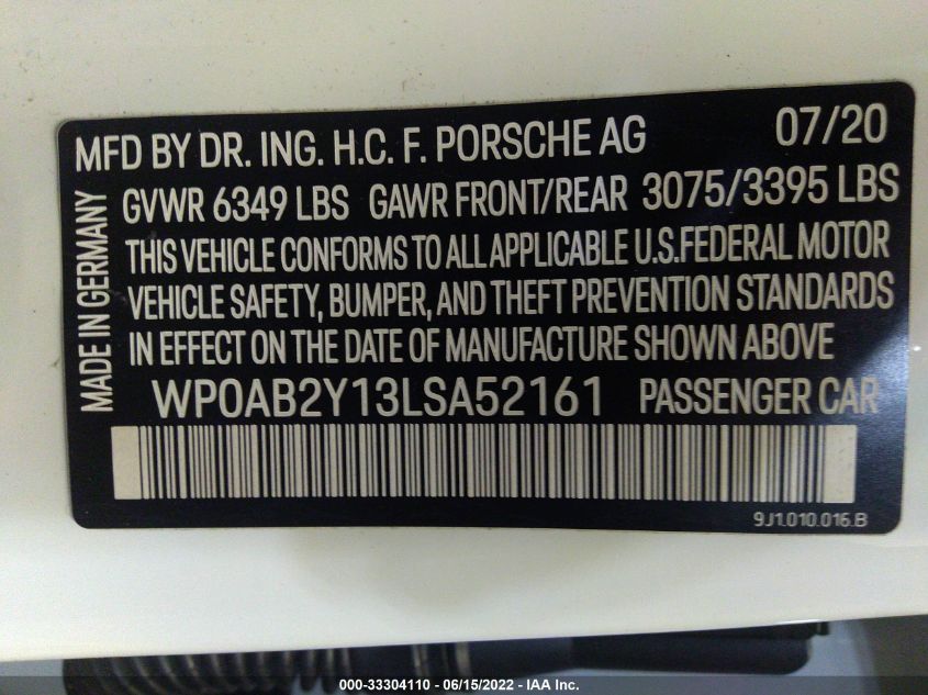 2020 PORSCHE TAYCAN 4S WP0AB2Y13LSA52161