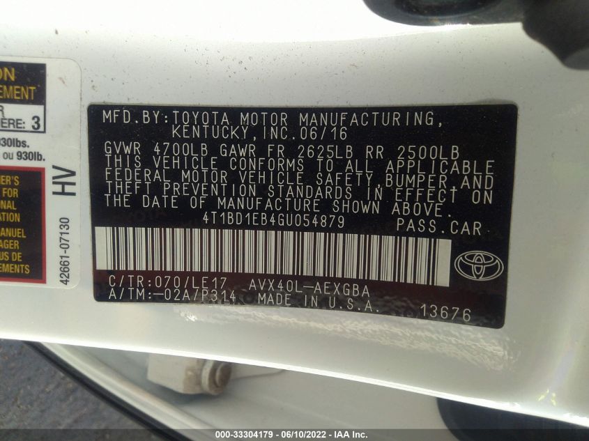2016 TOYOTA AVALON HYBRID XLE PREMIUM/LIMITED 4T1BD1EB4GU054879