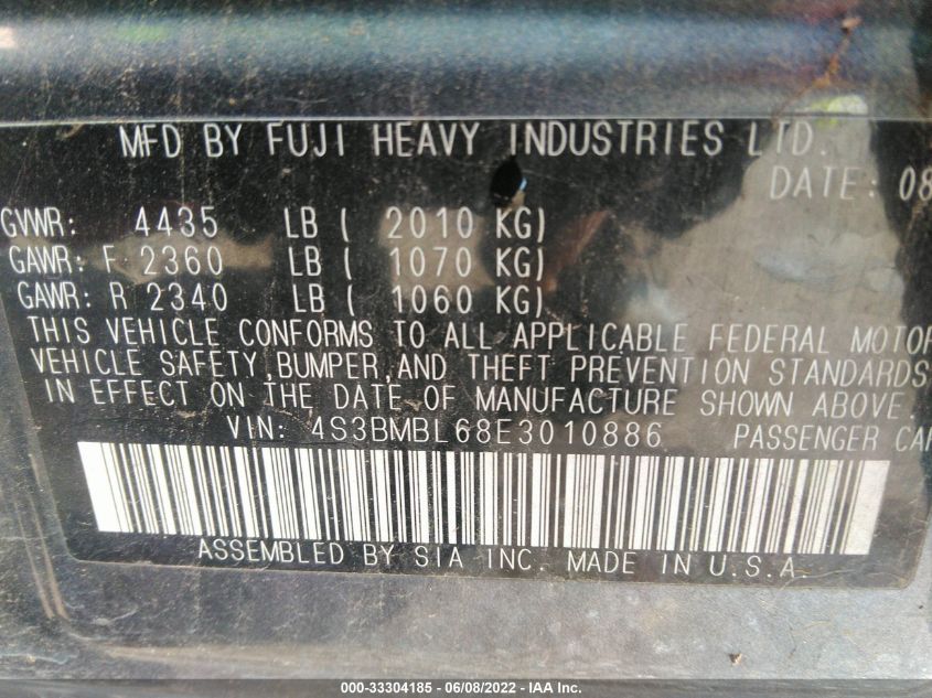 2014 SUBARU LEGACY 2.5I LIMITED 4S3BMBL68E3010886