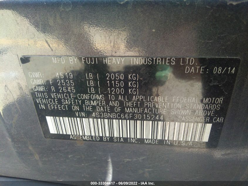 2015 SUBARU LEGACY 2.5I PREMIUM 4S3BNBC66F3015244
